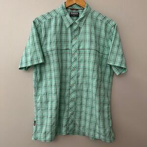Simms Fishing Mens Large Green Blue Plaid Short Sleeve Button‎ Up Shirt Outdoor